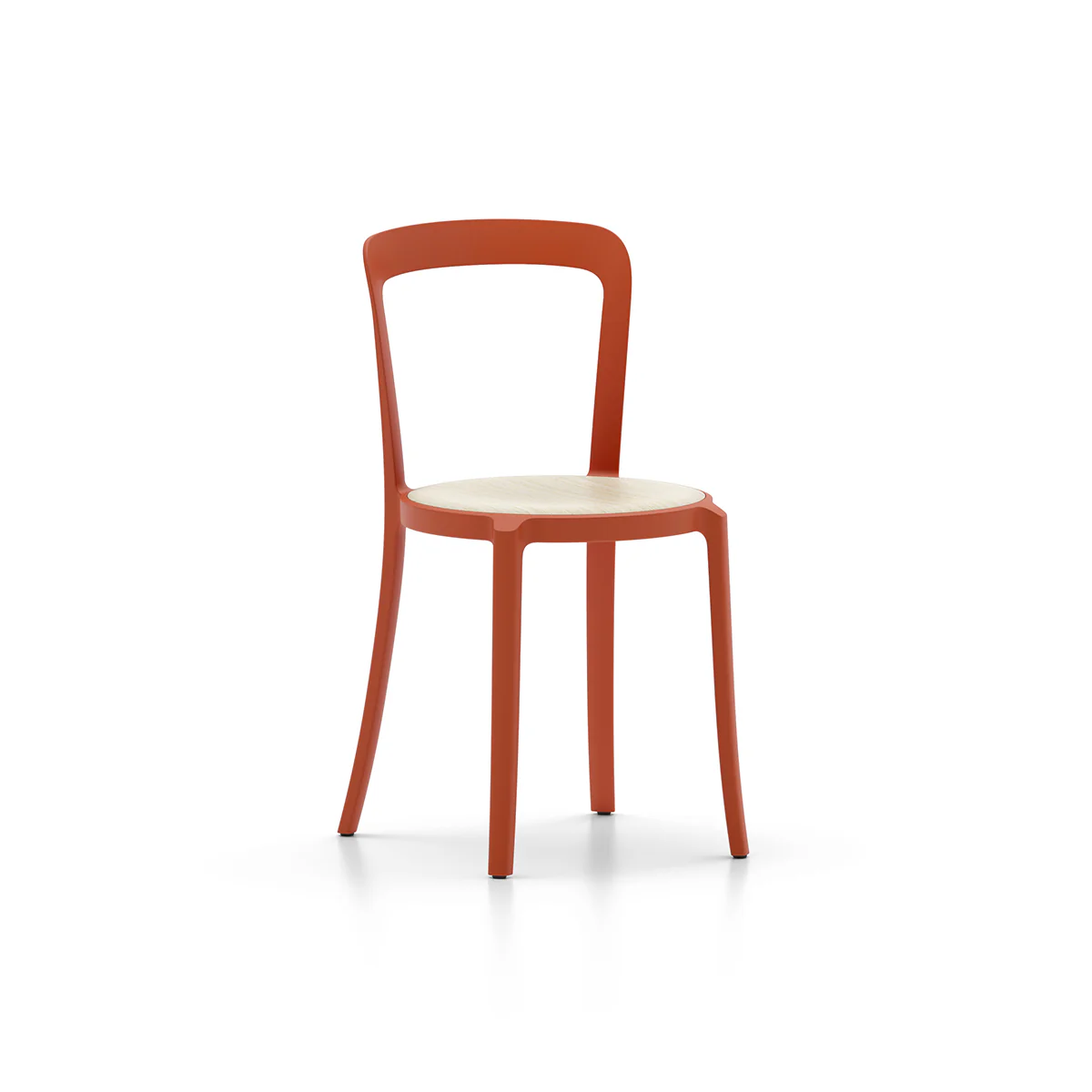 On & On chair with orange recycled PET frame and ash plywood seat by Emeco, designed by Edward Barber and Jay Osgerby, features a minimalist design suitable for both indoor and outdoor use.