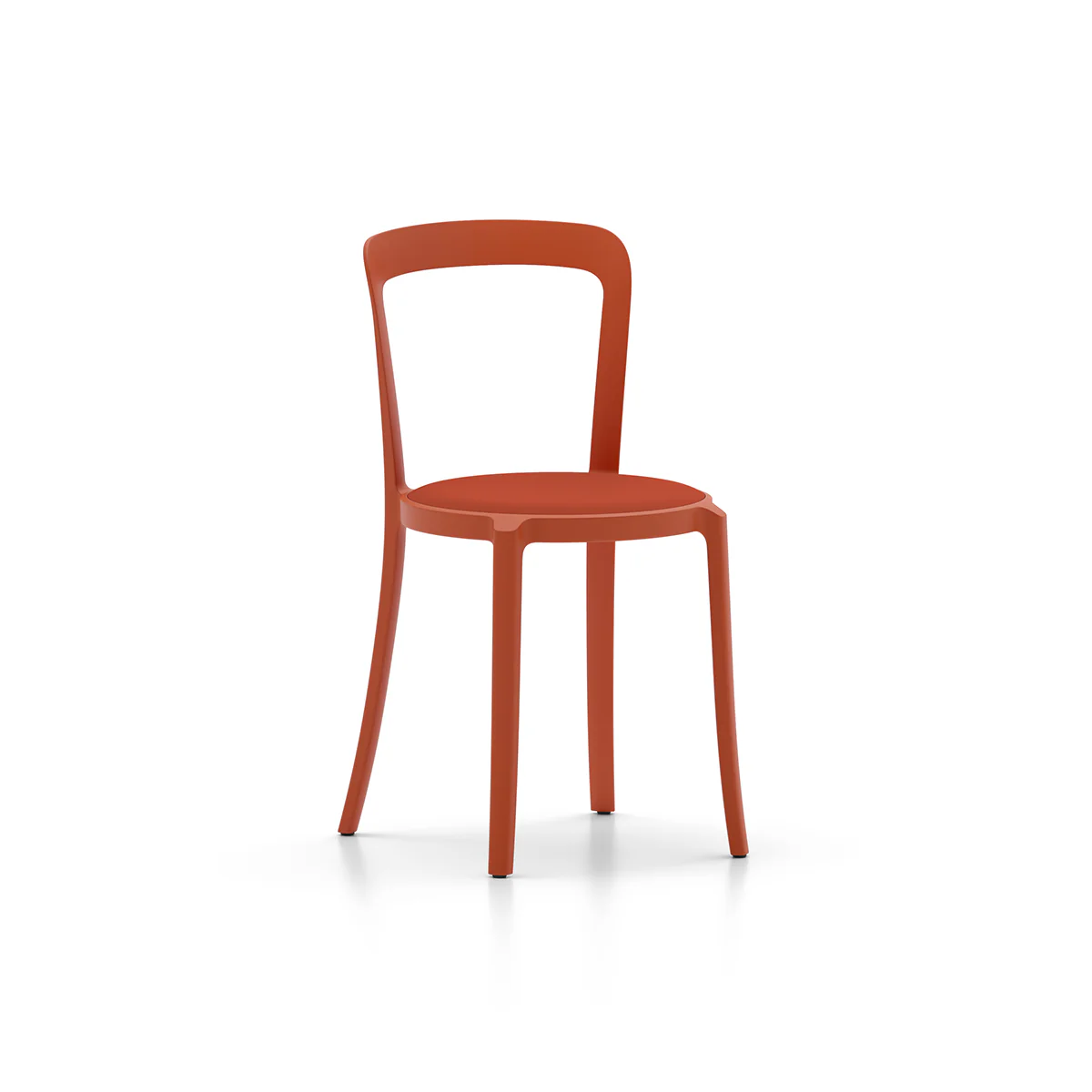 On & On Chair with orange recycled plastic frame and upholstered seat by Emeco, designed by Edward Barber and Jay Osgerby, suitable for both indoor and outdoor use.