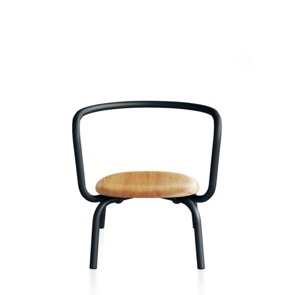 Red powder-coated aluminum lounge chair with a sleek black leather seat by Konstantin Grcic for Emeco.