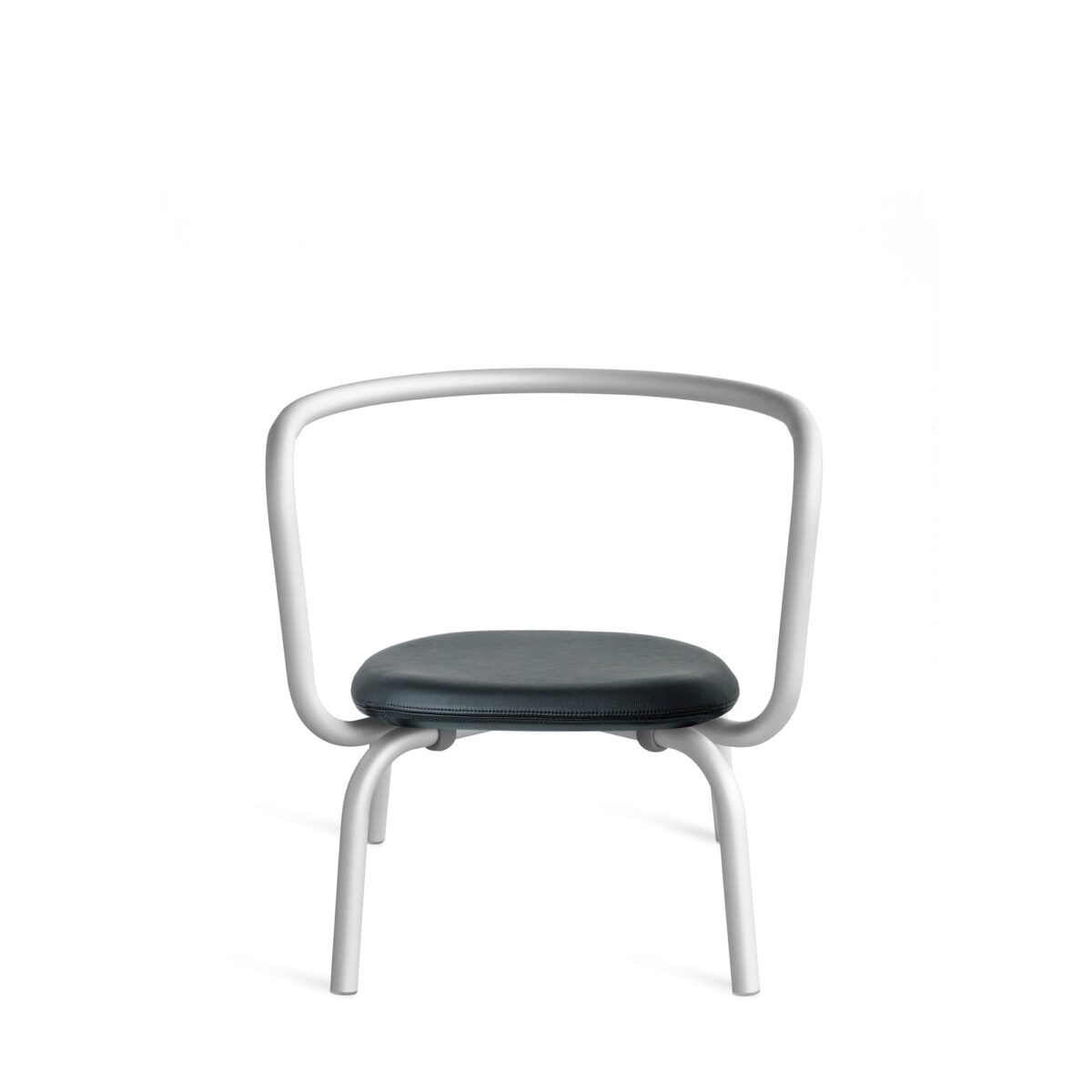 Elegant lounge chair with a red aluminum frame and black leather seat, designed by Konstantin Grcic for Emeco.