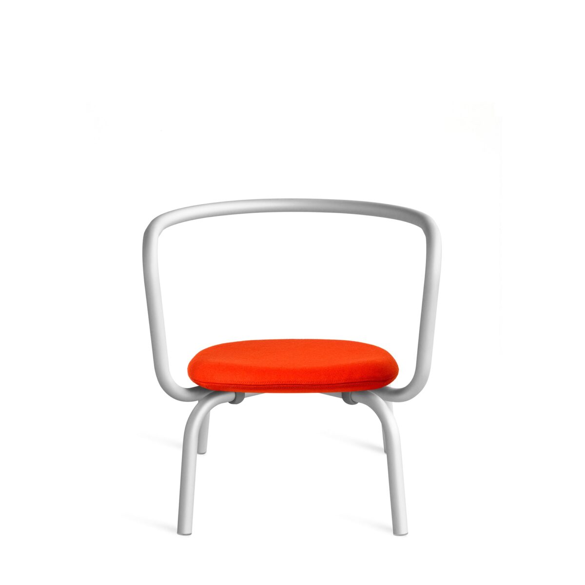Emeco's Parrish Lounge Chair in red aluminum with a comfortable black leather seat, designed by Konstantin Grcic.