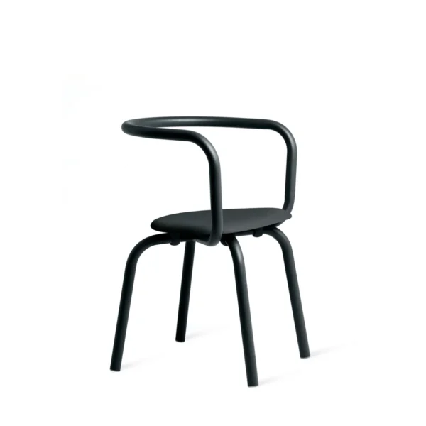 Modern side chair with curved aluminum frame and choice of reclaimed polypropylene, wood, or upholstered seat.