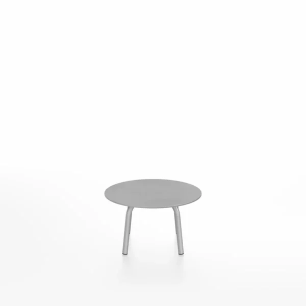 Parrish low table, round by Emeco, designed by Konstantin Grcic, features a minimalist design with a clear anodized aluminum frame and a variety of top options, including wood and laminate,