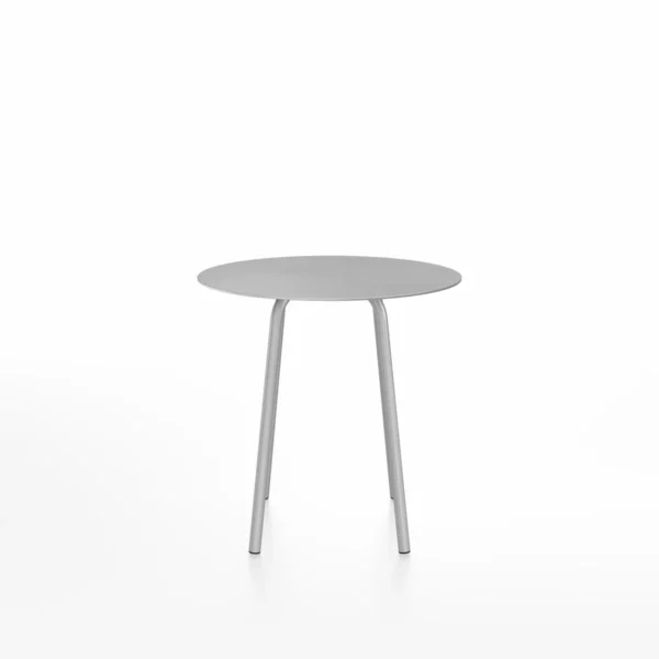 Parrish café table, round, clear anodized aluminum by Emeco, designed by Konstantin Grcic, features a minimalist design with an aluminum base, suitable for indoor and outdoor use.
