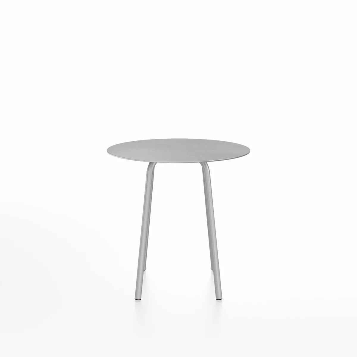 Parrish café table, round, clear anodized aluminum by Emeco, designed by Konstantin Grcic, features a minimalist design with an aluminum base, suitable for indoor and outdoor use.