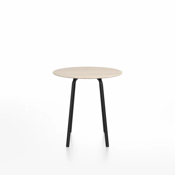 Parrish café table, round by Emeco, designed by Konstantin Grcic, features an anodized aluminum base and top options in wood or HPL, suitable for indoor and outdoor use.