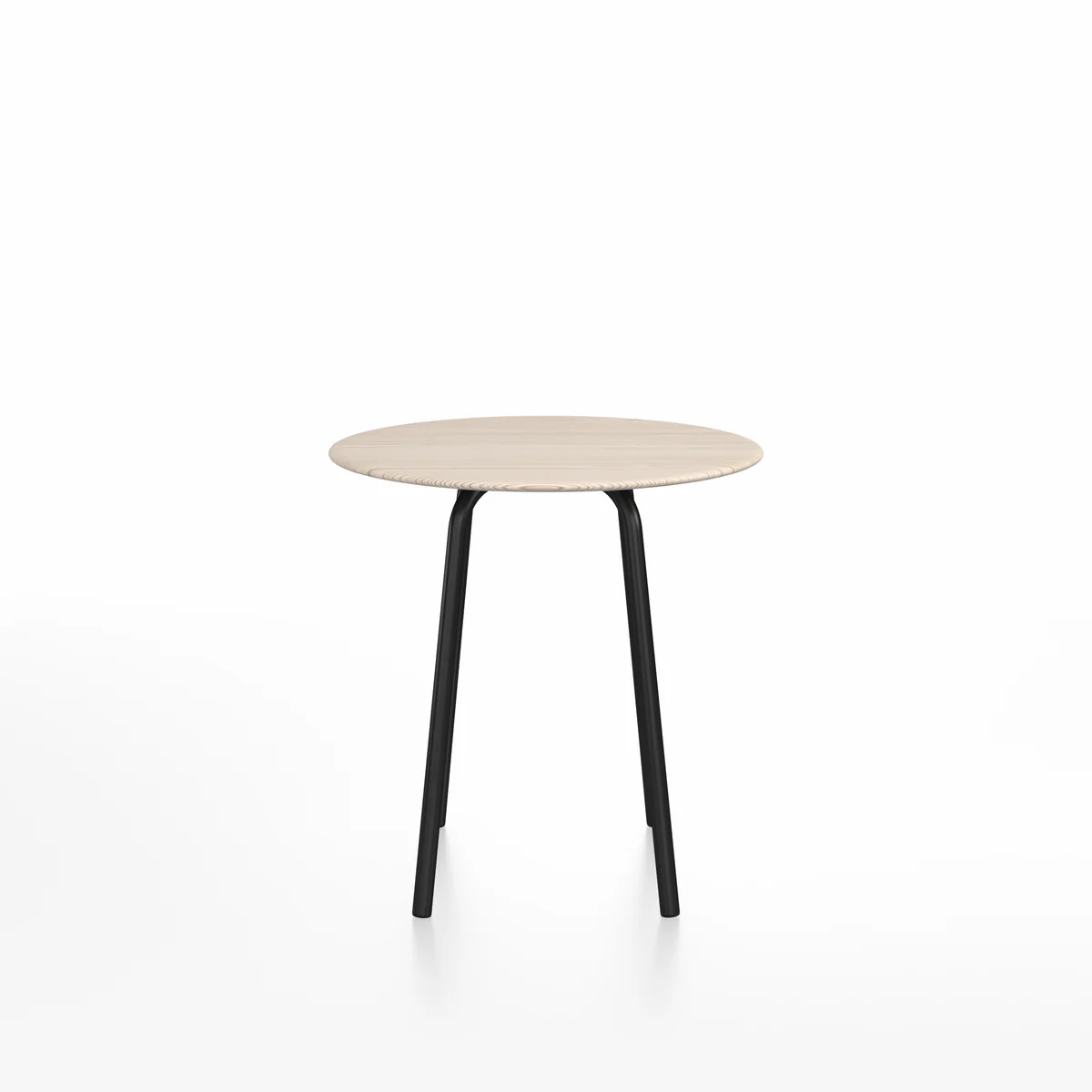 Parrish café table, round by Emeco, designed by Konstantin Grcic, features an anodized aluminum base and top options in wood or HPL, suitable for indoor and outdoor use.