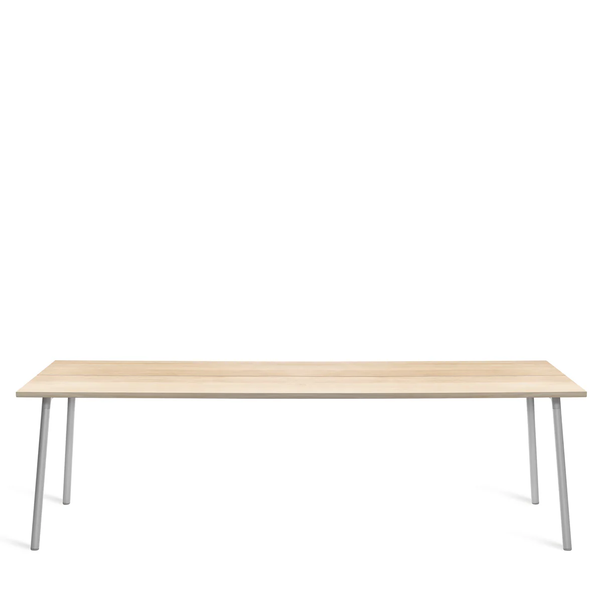 Run table with wood top by Emeco, designed by Sam Hecht and Kim Colin, features a recycled aluminum frame and wood top, suitable for indoor and outdoor use.