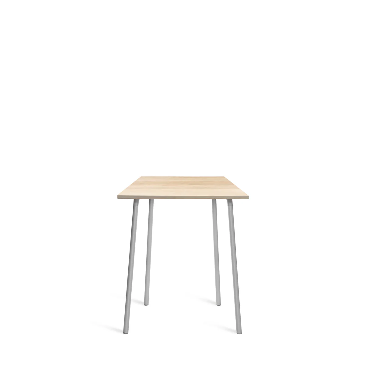 High table with a recycled aluminum frame and wood top, available in ash, walnut, or Accoya, designed for durability and style in both residential and commercial settings.