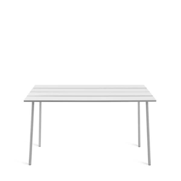 Run high table, aluminum by Emeco, designed by Sam Hecht and Kim Colin, features a recycled aluminum frame with a clear anodized or black powder-coated finish, suitable for both indoor and outdoor use.
