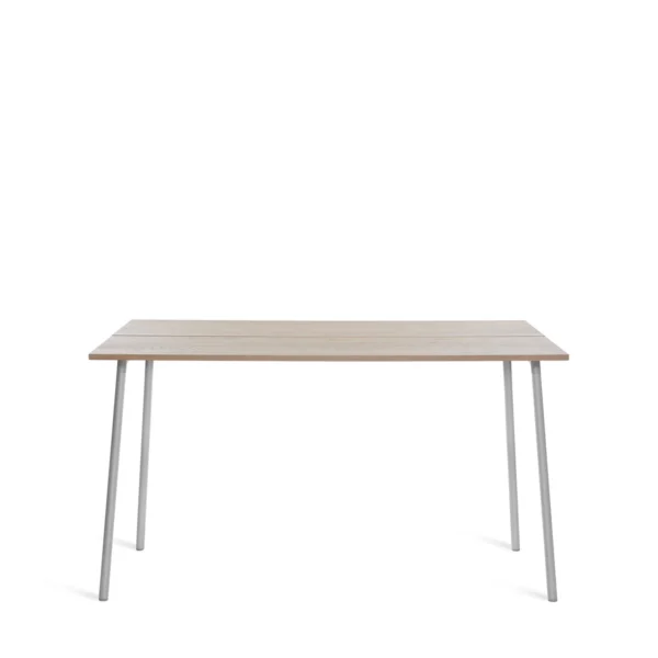 Run high table, wood by Emeco, designed by Sam Hecht and Kim Colin, features a recycled aluminum frame and a wood top available in ash, walnut, or Accoya, suitable for both indoor and outdoor use.
