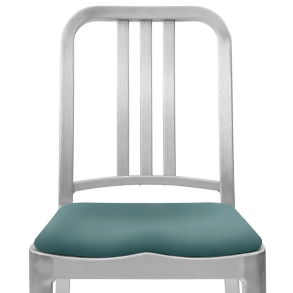 Upholstered seat pad in light blue by Emeco, designed by Philippe Starck, provides comfort and style for the Emeco Stool, suitable for both indoor and outdoor use.