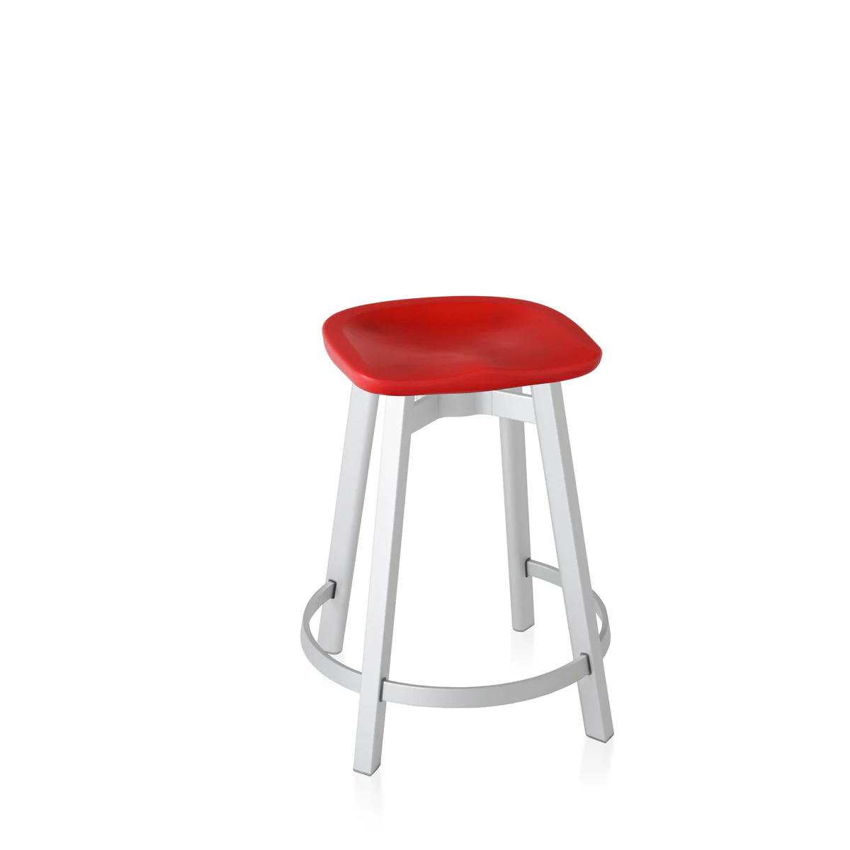 SU Stool in red recycled polyethylene by Emeco, designed by Nendo, features a minimalist design with a recycled aluminum base, suitable for both indoor and outdoor use.