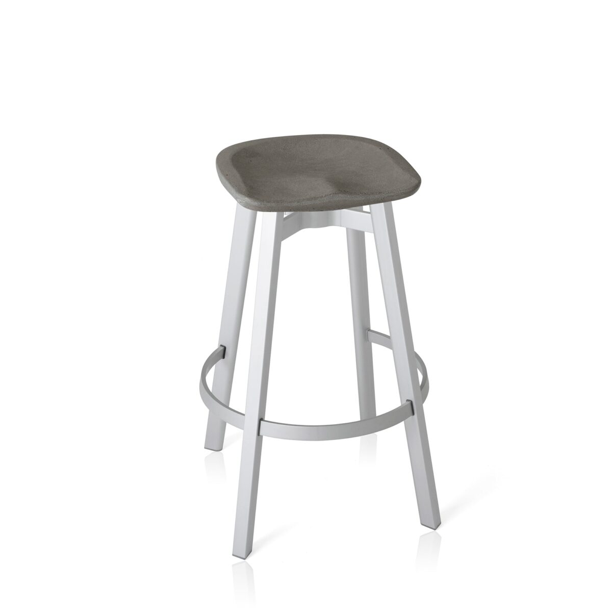 Eco-friendly stool featuring a recycled polyethylene seat and anodized aluminum frame.