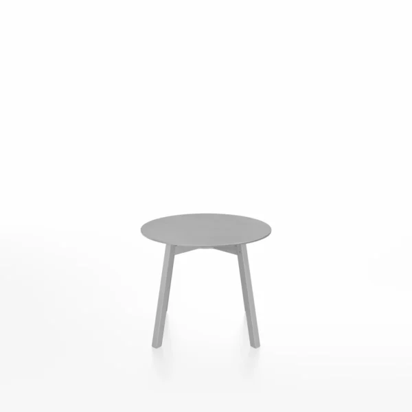 SU low table by Emeco, designed by Nendo, features a minimalist design with a clean anodized aluminum base and solid wood top, suitable for residential and commercial use.