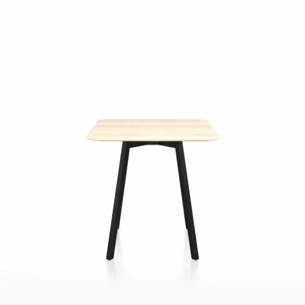 SU café table, square by Emeco, designed by Nendo, features a clear anodized aluminum frame with a variety of wood or laminate top options, suitable for indoor and outdoor use.