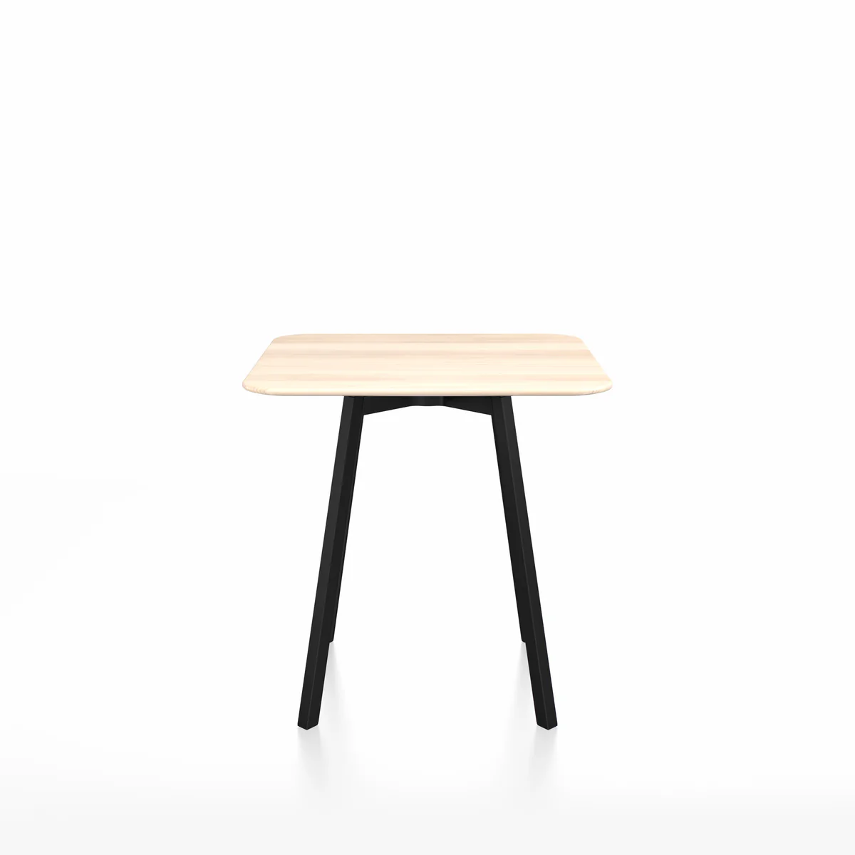 SU café table, square by Emeco, designed by Nendo, features a clear anodized aluminum frame with a variety of wood or laminate top options, suitable for indoor and outdoor use.