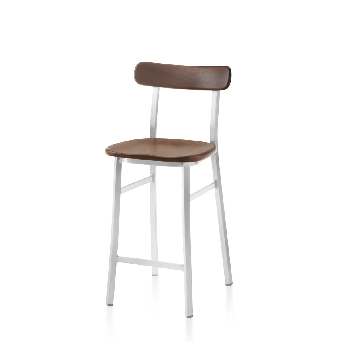 Utility Stool with hand-brushed aluminum frame and walnut seat by Emeco, designed by Jasper Morrison, combines minimalist design with sustainable materials, suitable for both indoor and outdoor use.