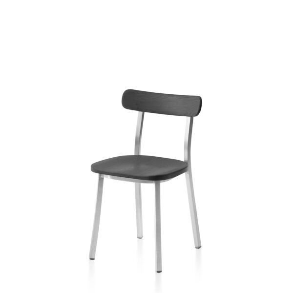 Utility Side Chair by Jasper Morrison for Emeco with a sleek, minimalist design in recycled aluminum and solid wood.