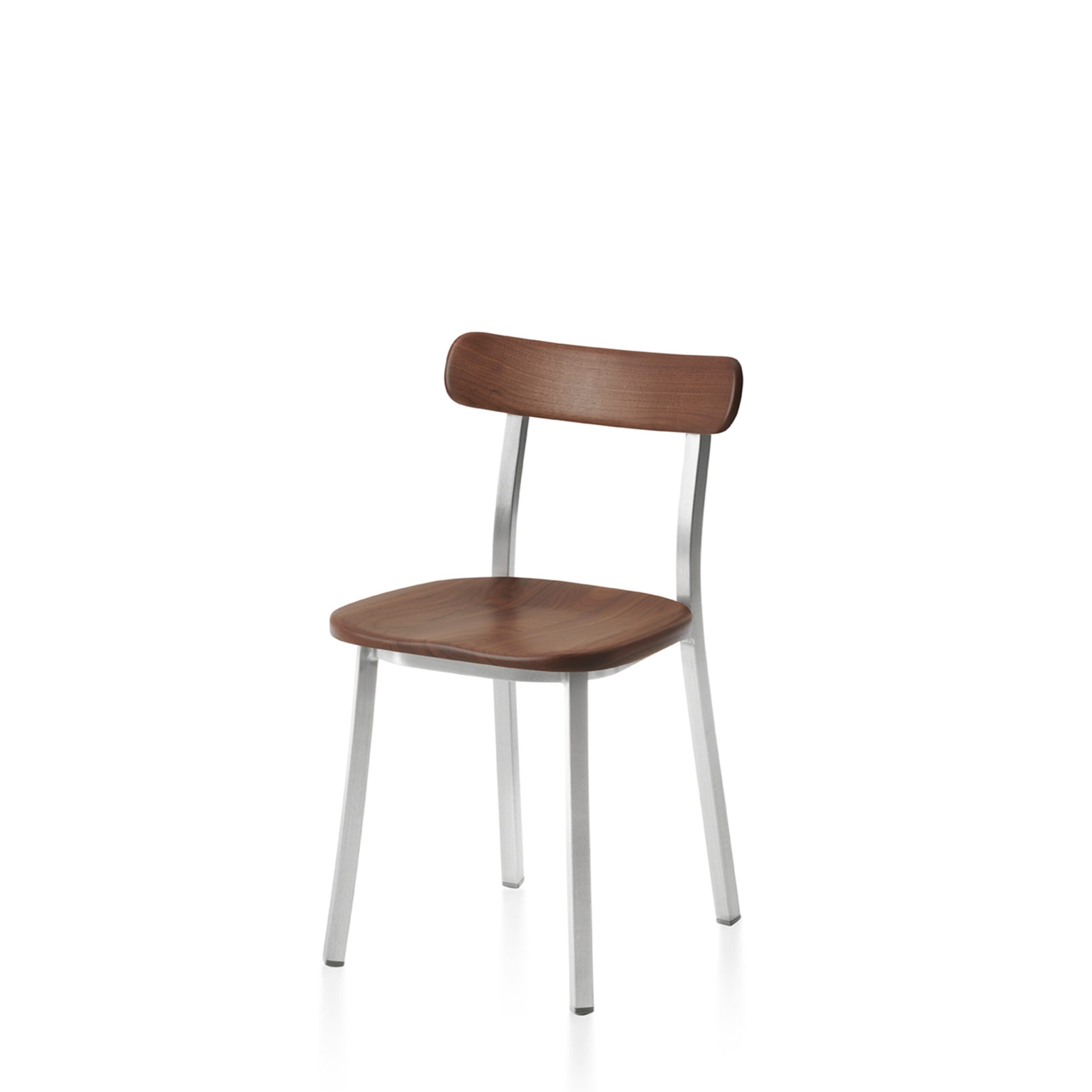 Utility side chair by Jasper Morrison, designed for Emeco, featuring a sleek brushed aluminum frame and wooden seat.