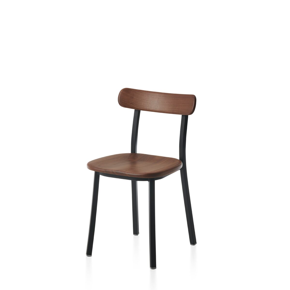 “Sustainable Utility Side Chair by Emeco with molded recycled plastic seat and aluminum frame.”