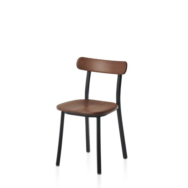 “Sustainable Utility Side Chair by Emeco with molded recycled plastic seat and aluminum frame.”