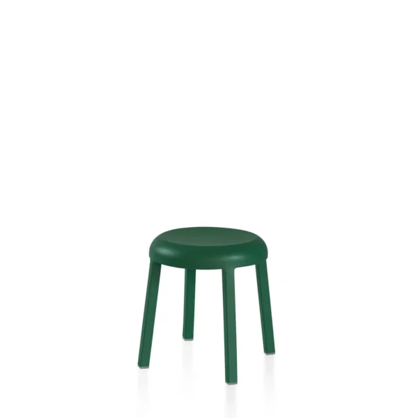 Za Mini Stool in green by Emeco, designed by Naoto Fukasawa, features a minimalist design with a recycled aluminum frame and a powder-coated finish,