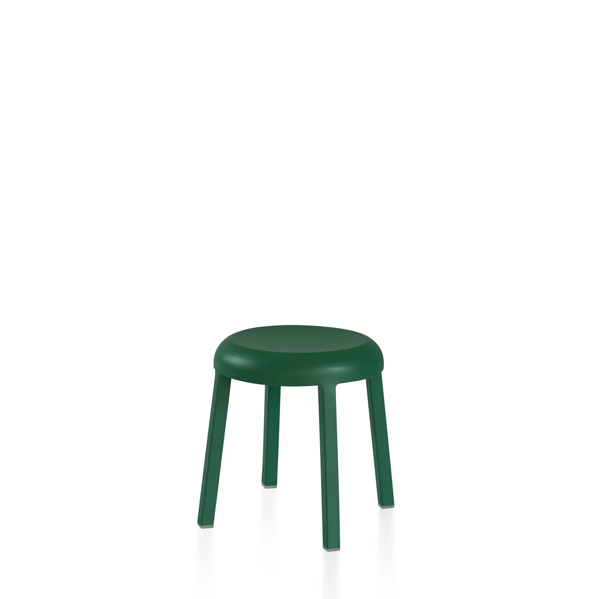 Za Mini Stool in green by Emeco, designed by Naoto Fukasawa, features a minimalist design with a recycled aluminum frame and a powder-coated finish,