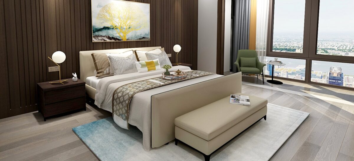 Modern platform bed with clean lines and plush padded headboard by Camerich.