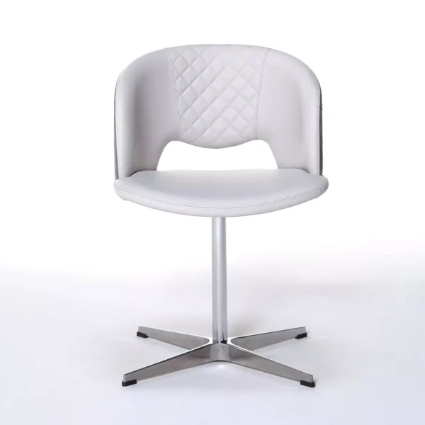 Peressini Fashion Q dining chair with a sleek, modern design, upholstered in premium leather or fabric, and supported by a customizable metal base available in various finishes.