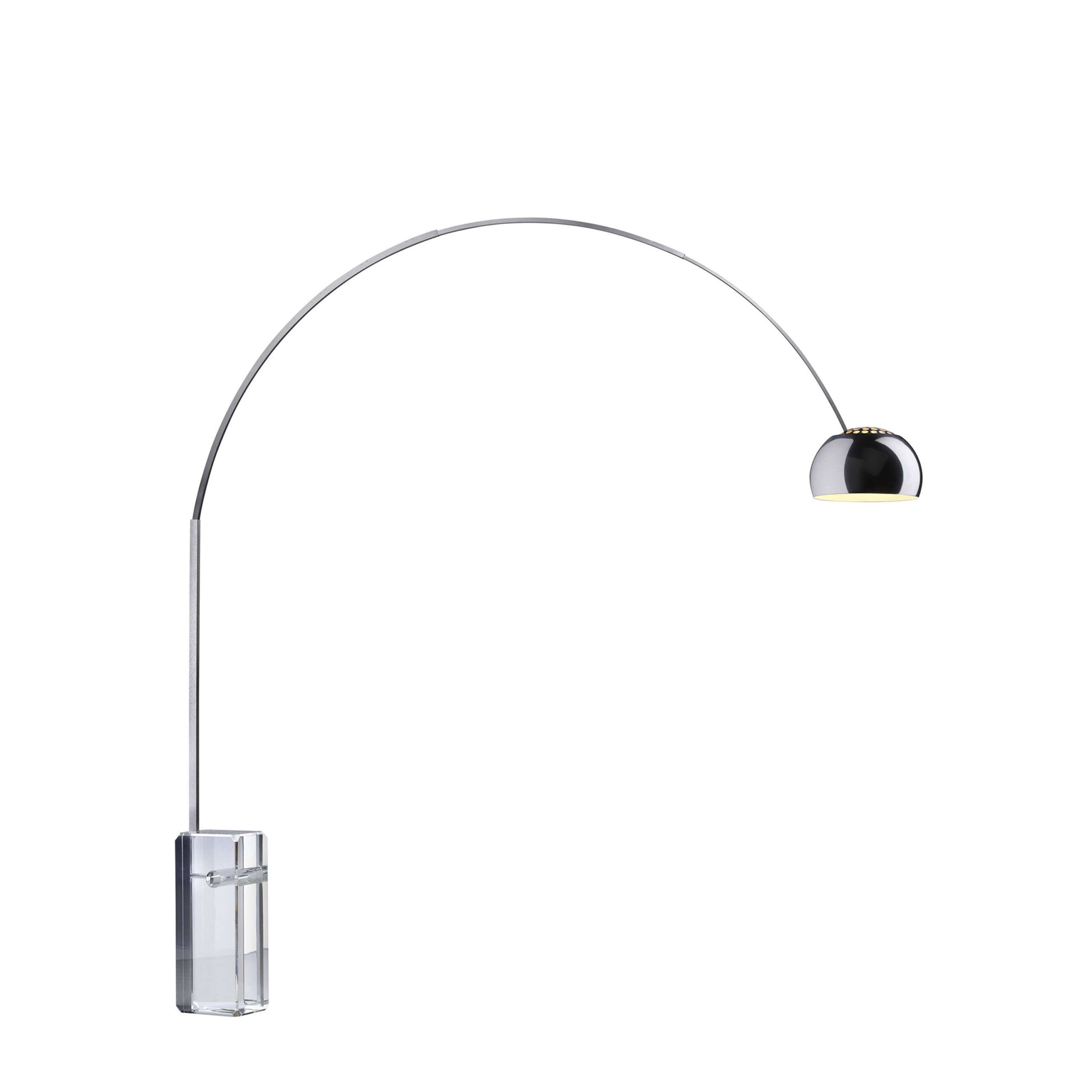 Arco K by Flos, Floor lamp featuring a crystal block base replacing marble, with a satin-finish stainless‑steel curved arch and aluminum swivel reflector.