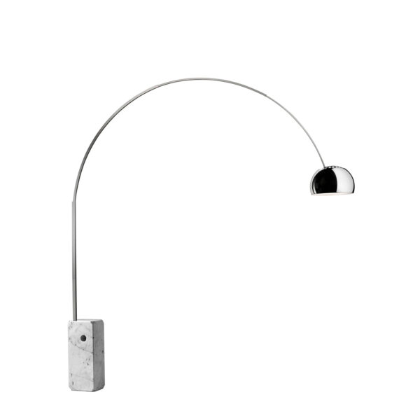 Arco Led by Flos, Iconic arc floor lamp featuring a polished aluminum dome on a stainless-steel telescoping arm, anchored by a Carrara marble base.
