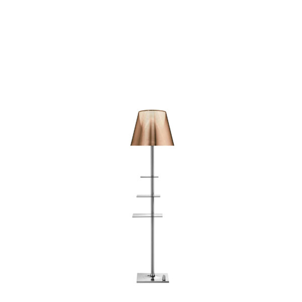 Bibliotheque Nationale by Flos, Floor lamp with chrome-plated stem topped by pleated shade, and three rotating stainless-steel shelves along its height.