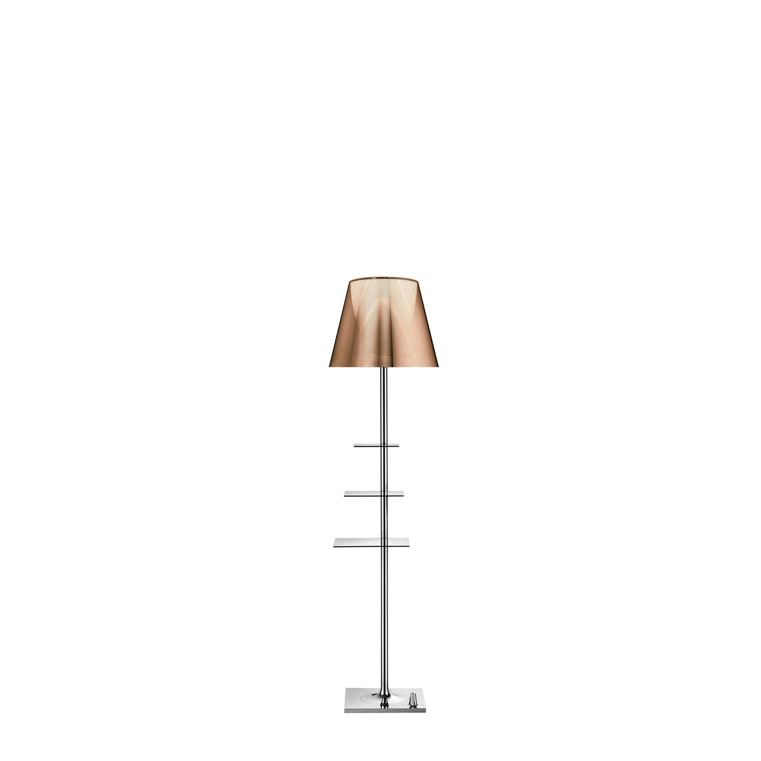 Bibliotheque Nationale by Flos, Floor lamp with chrome-plated stem topped by pleated shade, and three rotating stainless-steel shelves along its height.