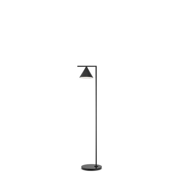 Captain Flint by Flos, Slim floor lamp with a sleek spinning cone shade perched delicately on a straight stem over a marble base.