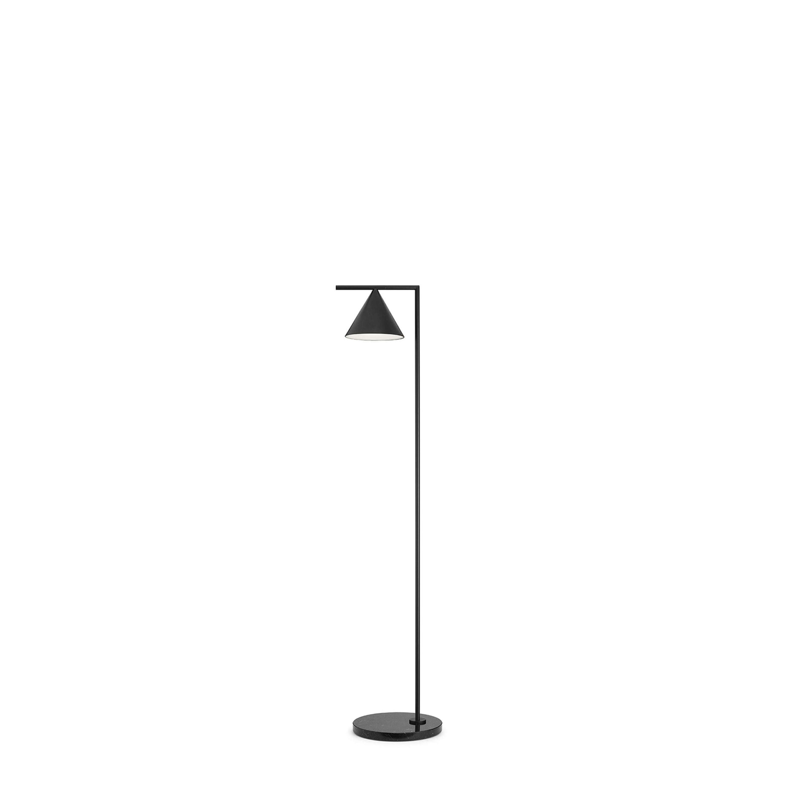 Captain Flint by Flos, Slim floor lamp with a sleek spinning cone shade perched delicately on a straight stem over a marble base.