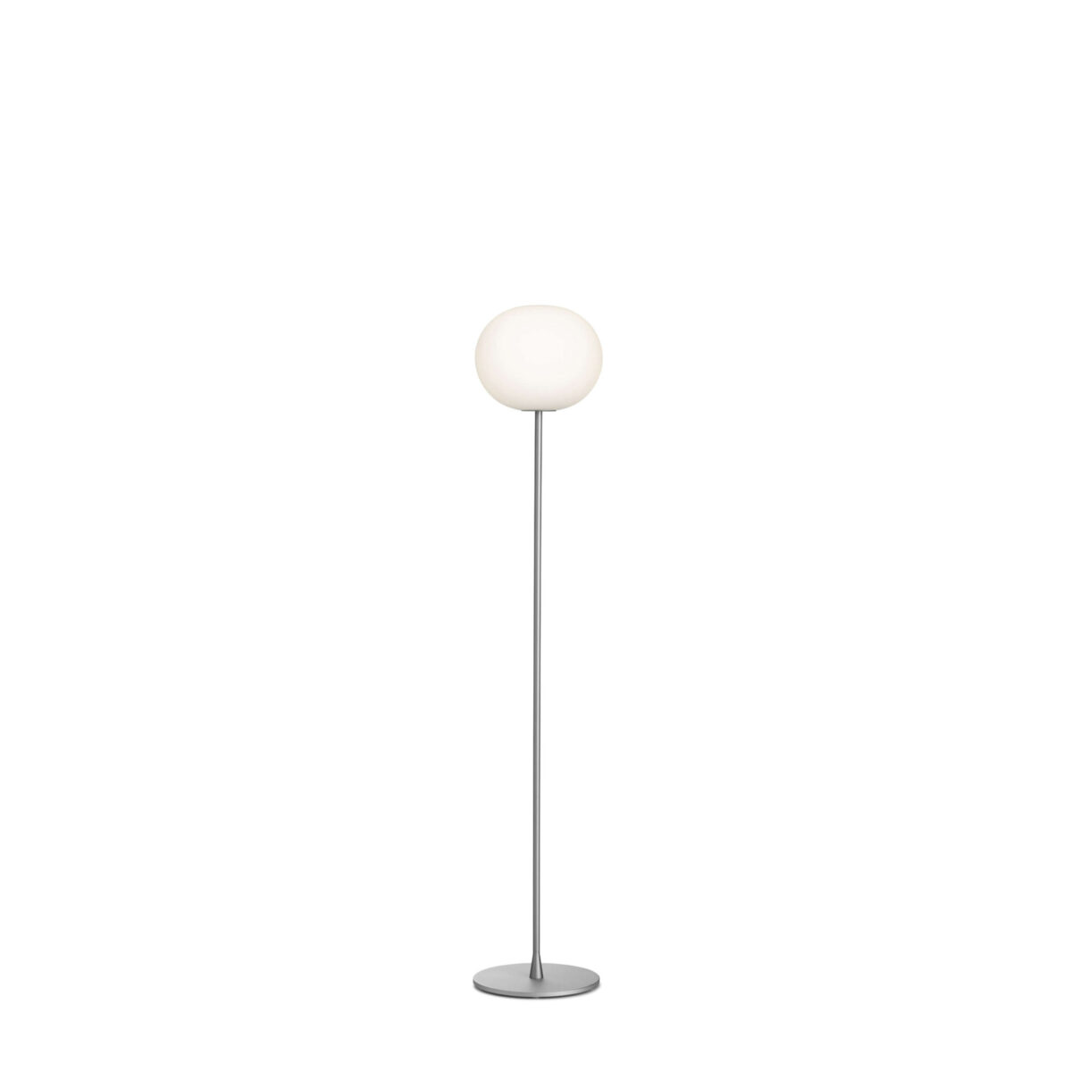 Glo-Ball Floor 2 by Flos, Tall floor lamp with a hand-blown, acid-etched opaline glass globe atop a slim steel stem and circular base.