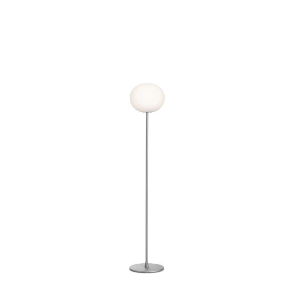 Glo-Ball Floor 2 by Flos, Tall floor lamp with a hand-blown, acid-etched opaline glass globe atop a slim steel stem and circular base.