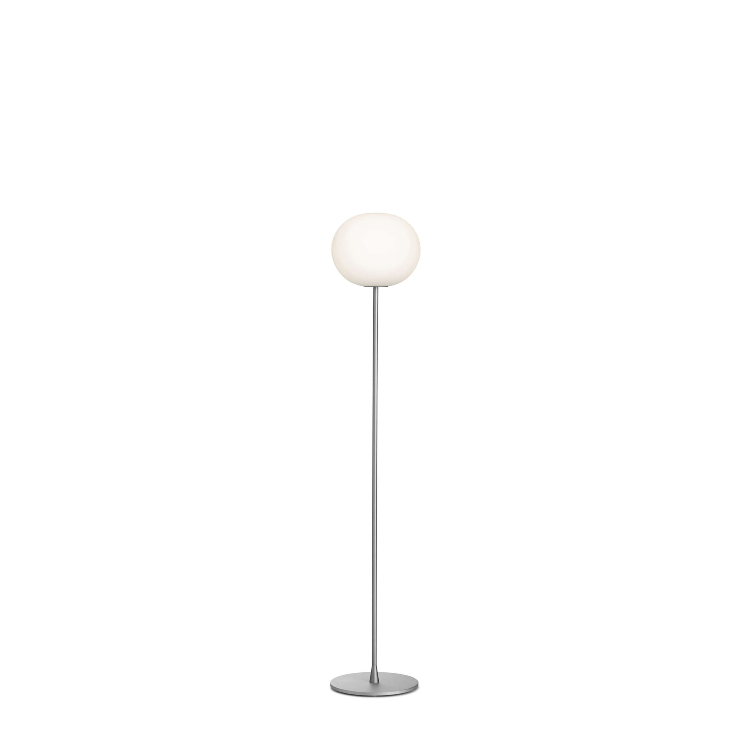 Glo-Ball Floor 2 by Flos, Tall floor lamp with a hand-blown, acid-etched opaline glass globe atop a slim steel stem and circular base.