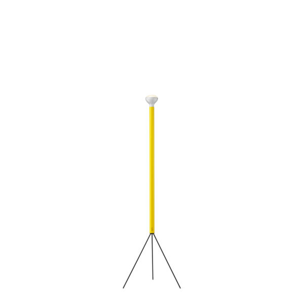 Luminator by Flos, Tall upright floor lamp with slender colored tube and indirect uplight dome, standing on three thin metal tripod legs.