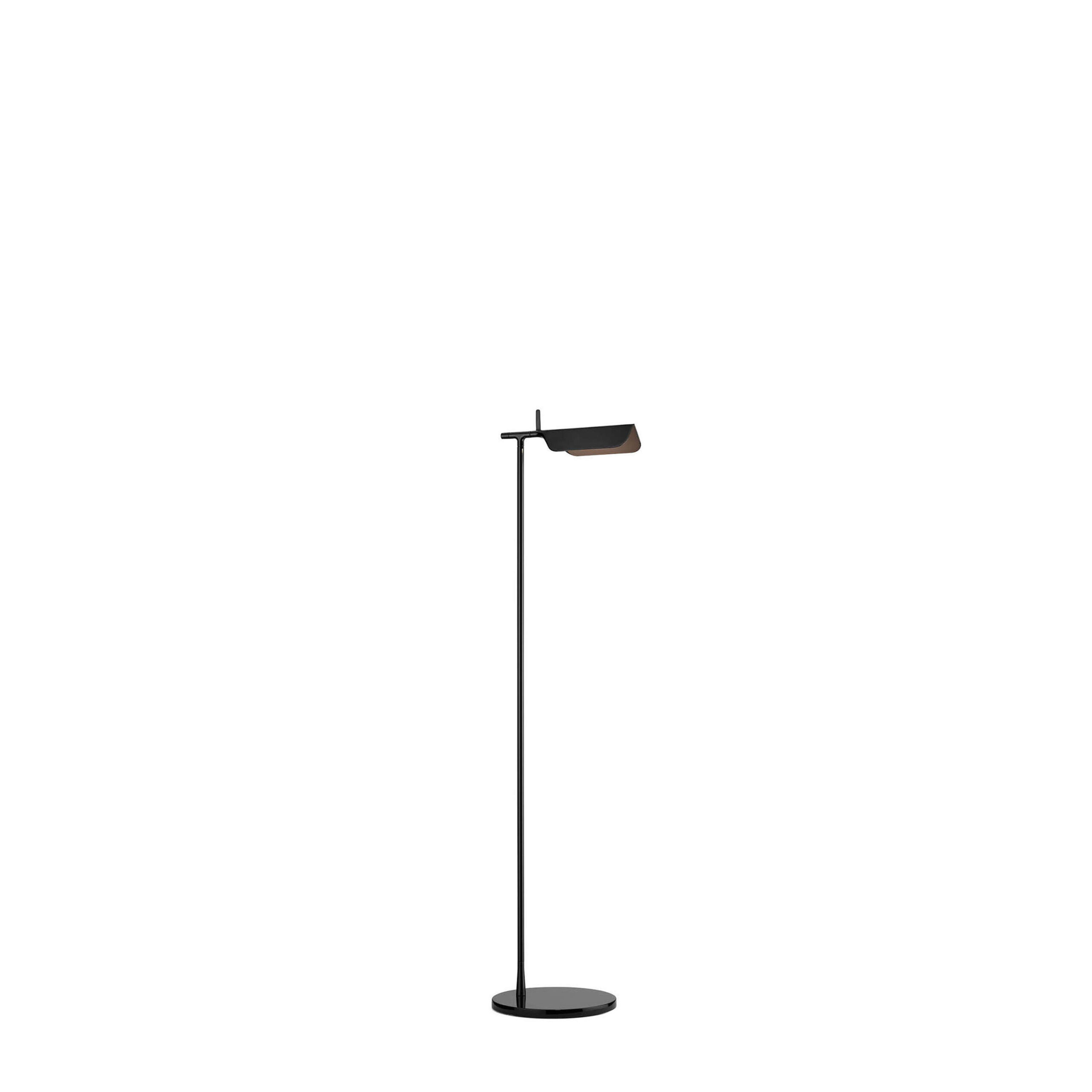 Tab Floor by Flos, Tab Floor lamp in matte dark green, its sleek aluminum stem and round base supporting a folded, adjustable shade rotating ±90°.