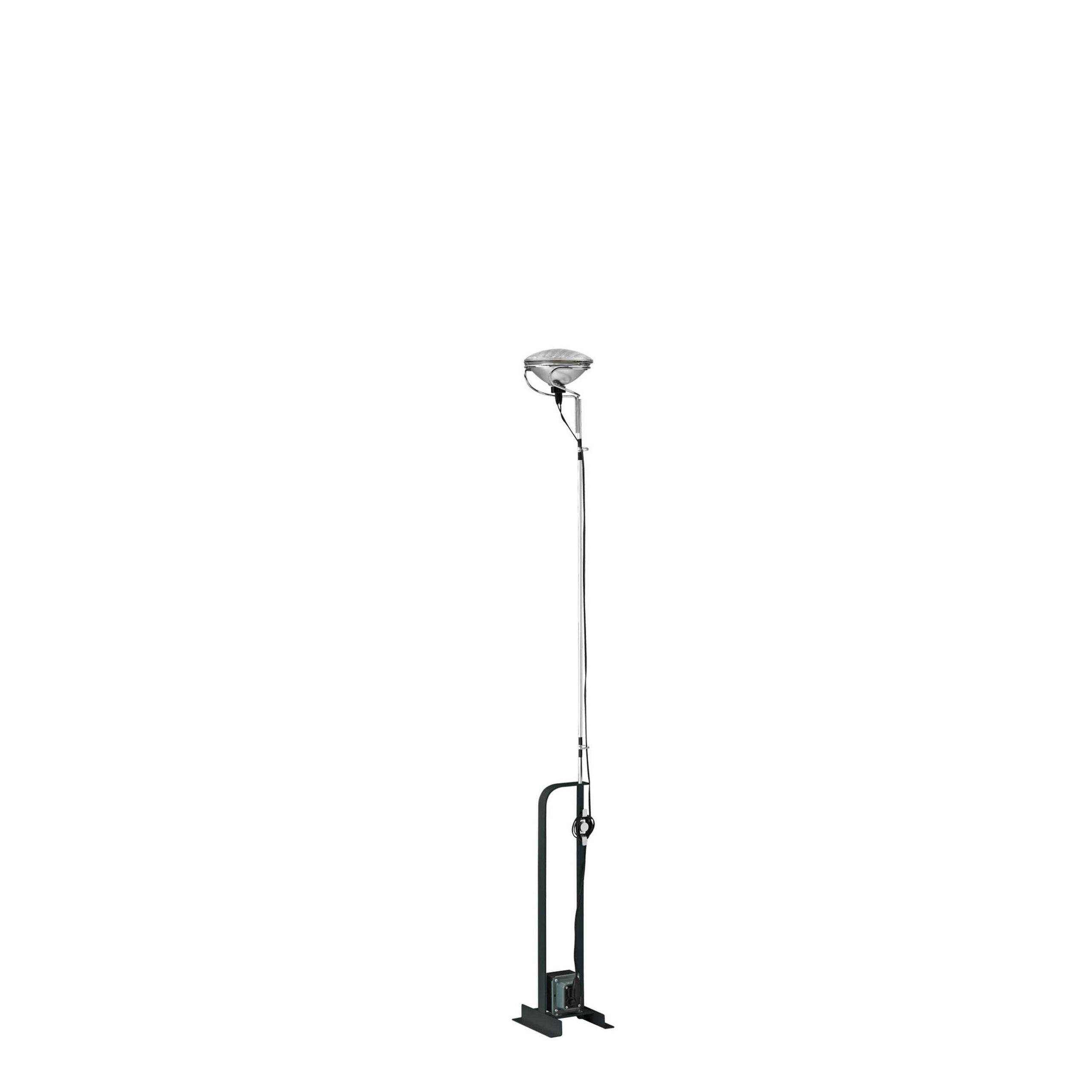Toio Led by Flos, Height-adjustable floor lamp with polished nickel-plated hexagonal stem, steel base, and indirect uplight LED head.