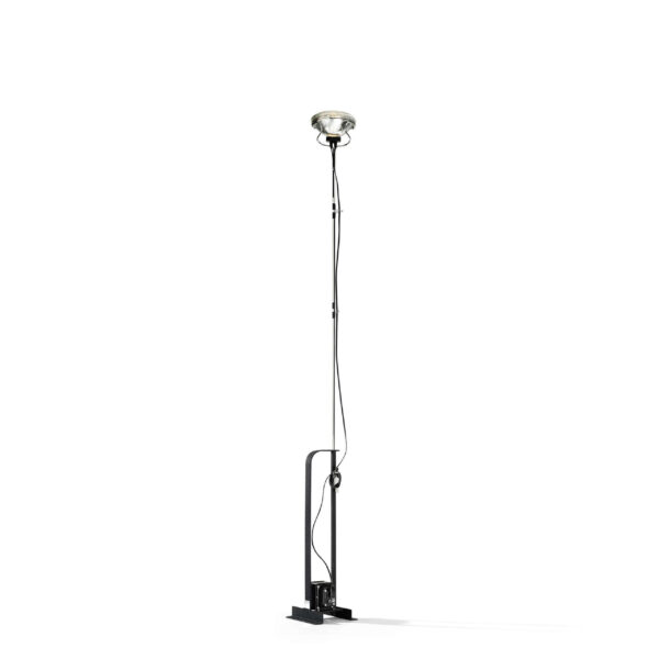 Toio Limited Edition Matte Black by Flos, Toio Limited Edition Matte Black floor lamp by Flos with embossed steel base and LED reflector, front view in a Royal Oak Michigan showroom