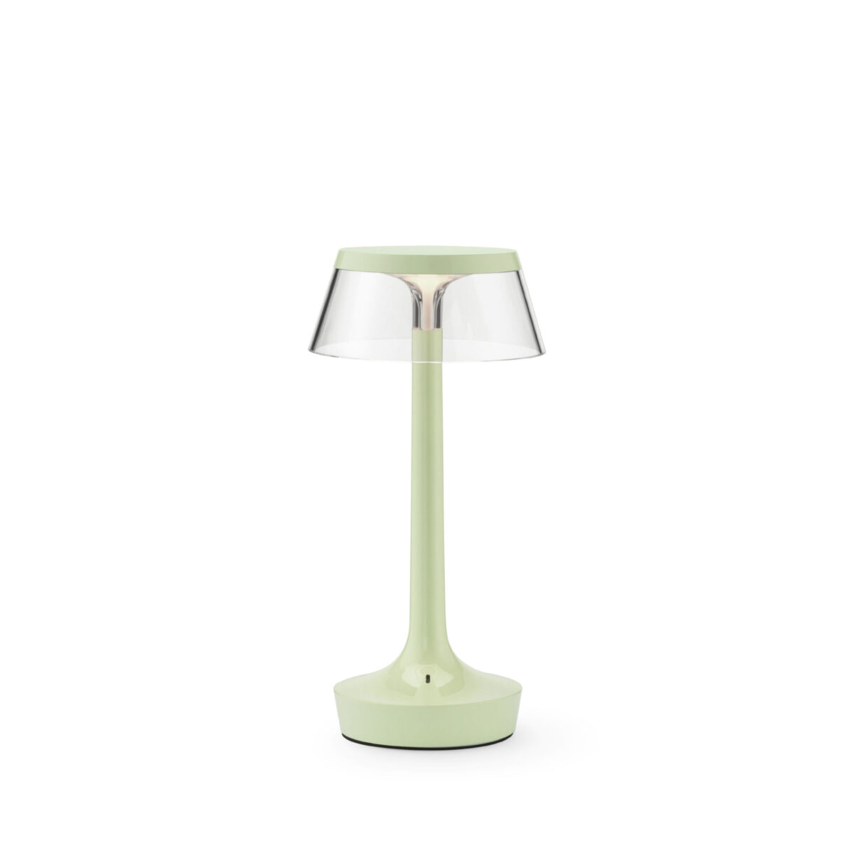 Bon Jour Unplugged by Flos featuring a cordless design with a clear base and customizable top diffuser.