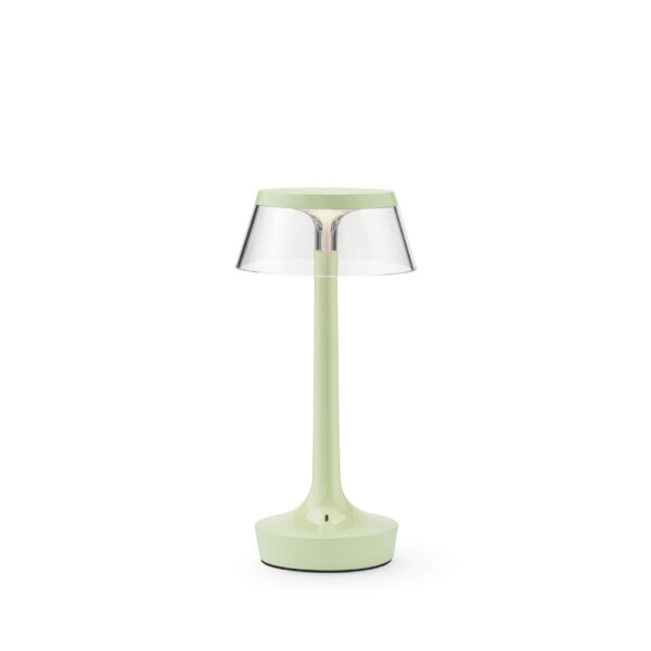 Bon Jour Unplugged by Flos featuring a cordless design with a clear base and customizable top diffuser.
