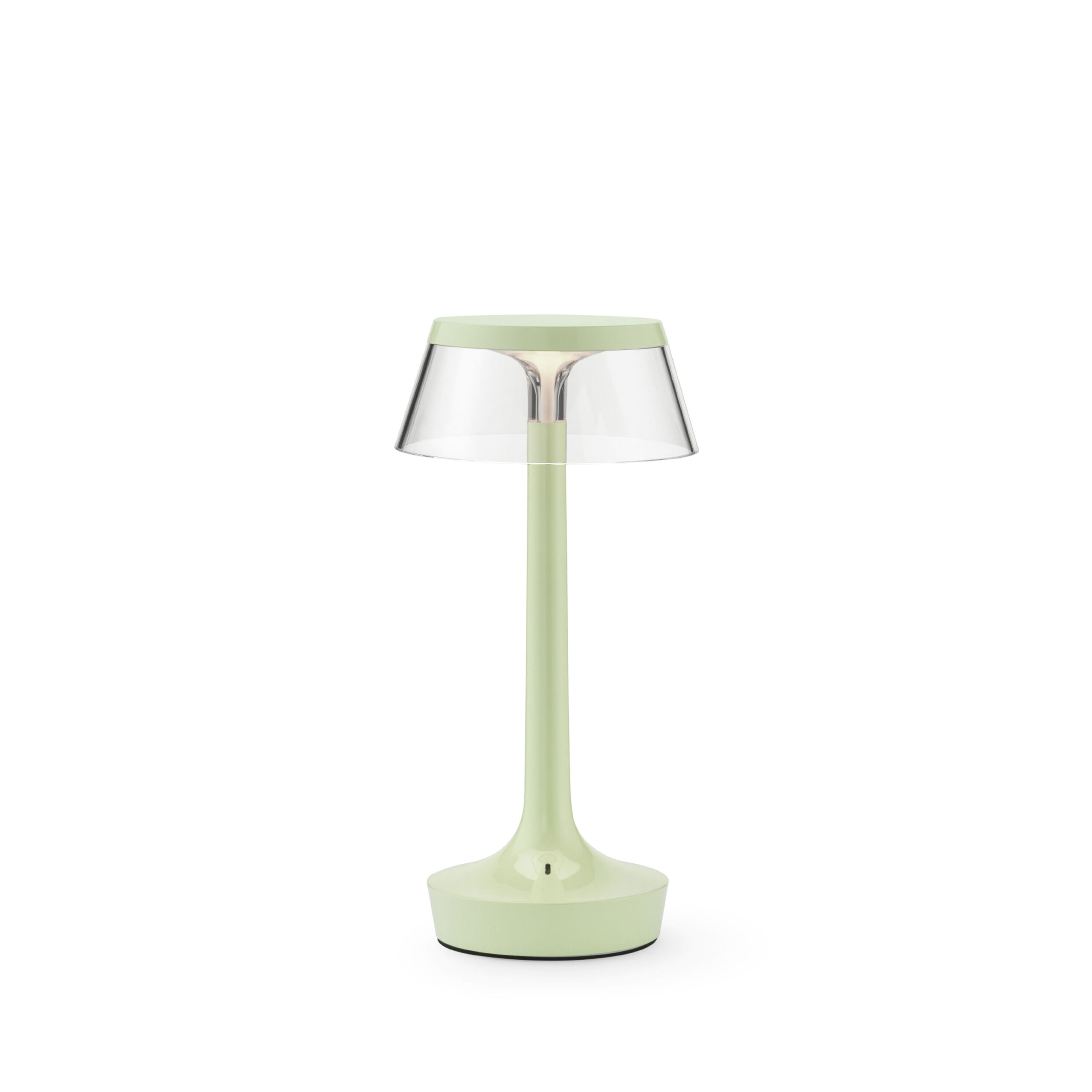Bon Jour Unplugged by Flos featuring a cordless design with a clear base and customizable top diffuser.
