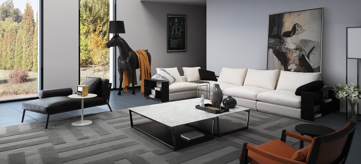 Modern rectangular dining table with wood top and sleek metal base by Camerich.