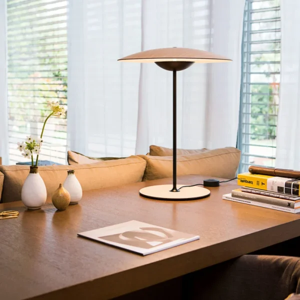“Contemporary table lamp Ginger by Marset – sculptural wood shade offering cozy warm lighting”