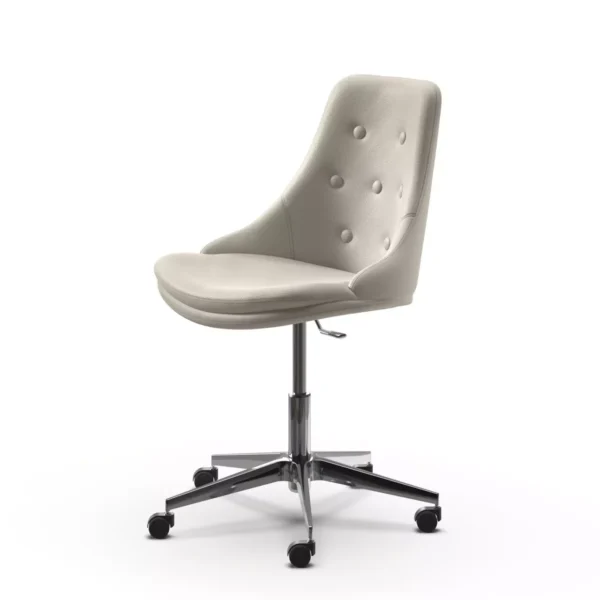 Peressini Glamour SBC barstool featuring a button-tufted backrest, adjustable height gas lift, and a chrome-plated base, upholstered in premium leather or velvet.