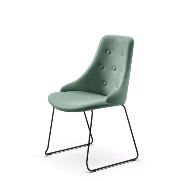 Peressini Glamour SB dining chair featuring a high-back design with button-tufted upholstery, available in a variety of luxurious fabrics and leathers, and supported by a customizable metal or wood base.